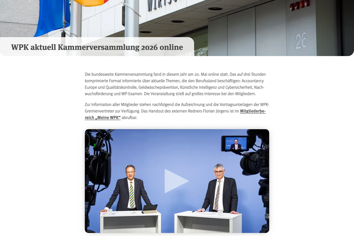 Wirtschaftsprüferkammer · Kammerversammlung 2026 online — Player auf wpk.de